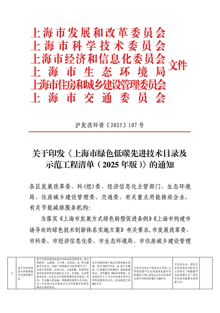 上海市2025年绿色低碳先进技术及示范工程清单证书
