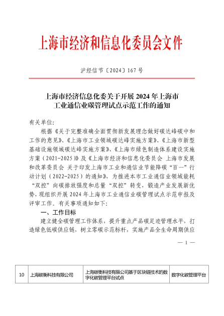 上海市2024年度工业通信业碳管理试点单位证书