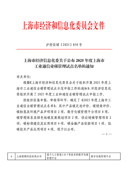 2025年度上海市工业通信业碳管理试点证书